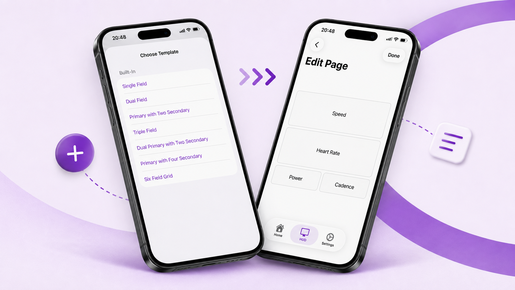 Plink HUD template selection and page editor shown on two iPhones